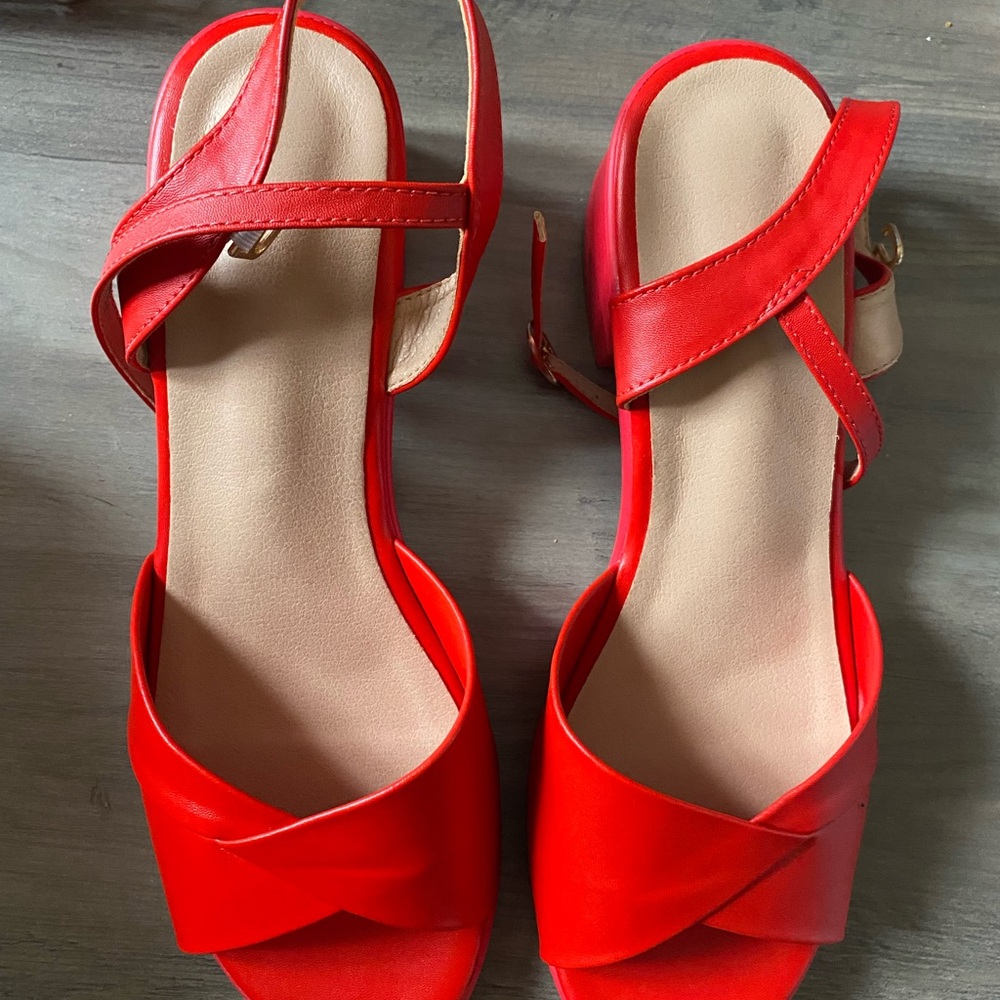 SHEIN Red Strappy Open-Toe Block Heel Sandals